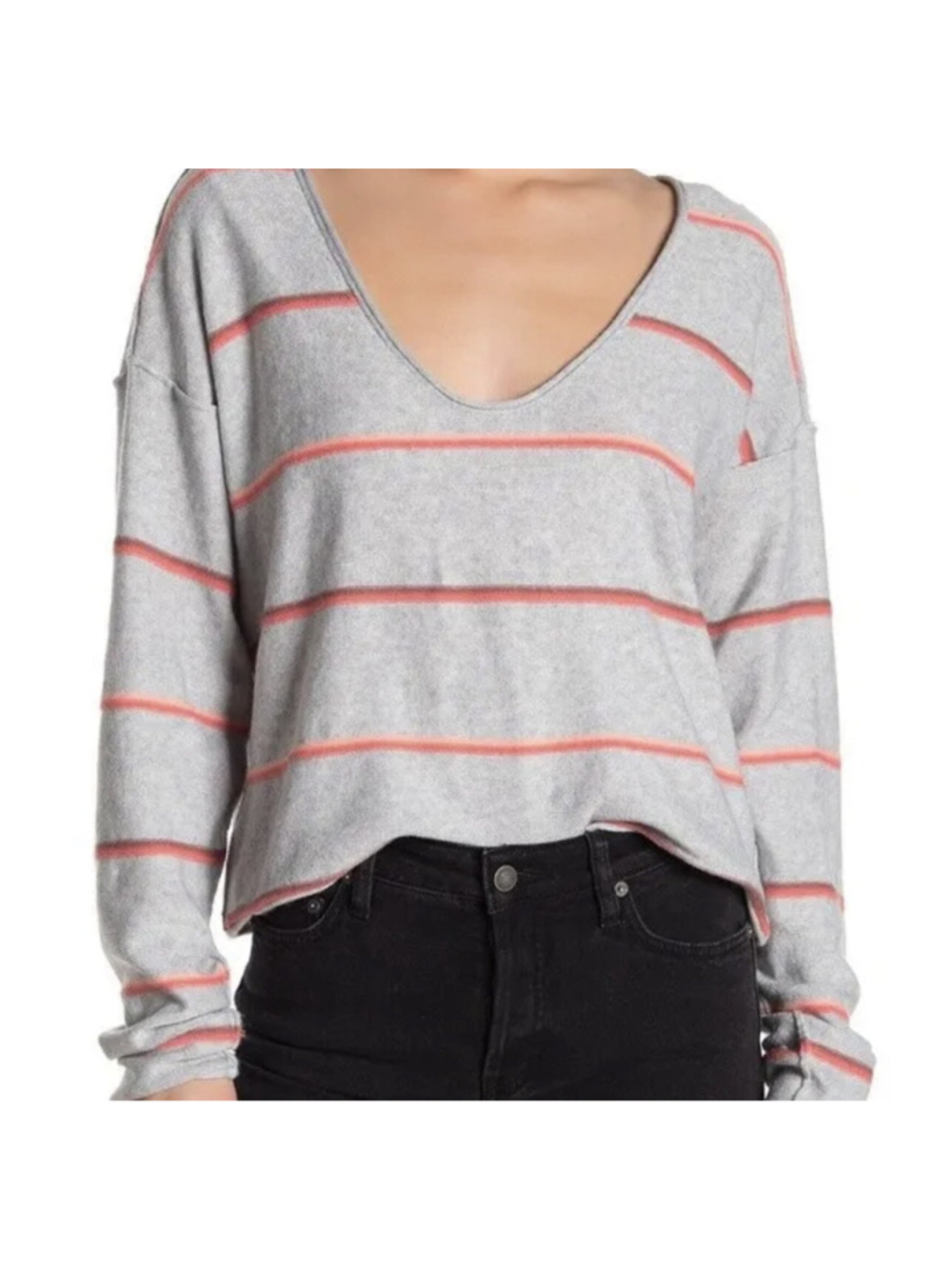 Free People Make You Mine Women's Gray Striped Pullover Boho Sweater - Medium